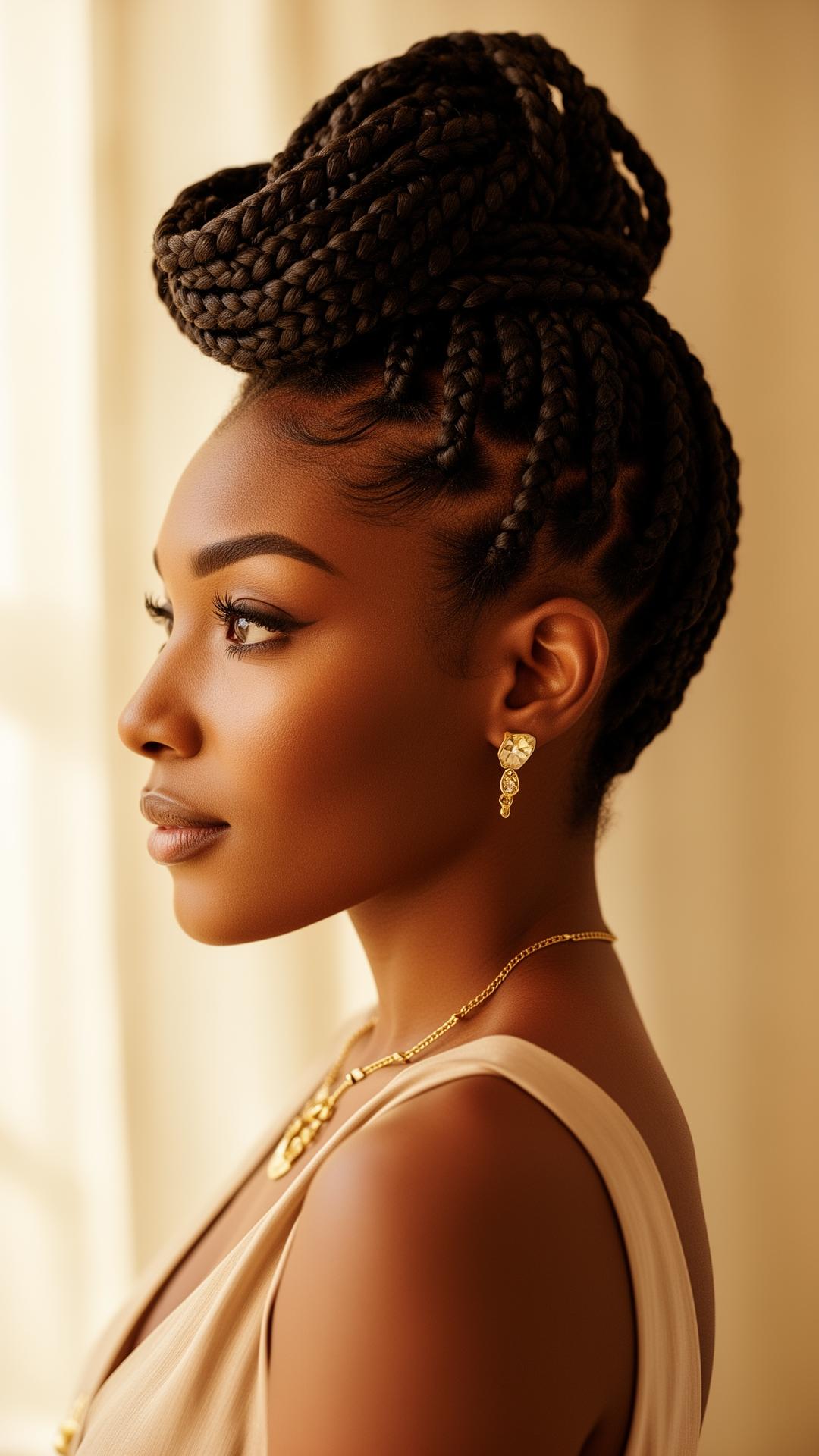 A woman with elegantly braided hair styled into a crown
